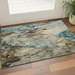 HomeRoots 5' X 8' Brown and Teal Abstract Area Rug - Stylish, Washable, Stain Resistant with UV Protection! 714747