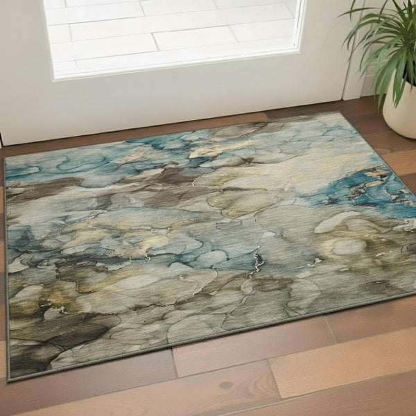 HomeRoots 5' X 8' Brown and Teal Abstract Area Rug - Stylish, Washable, Stain Resistant with UV Protection! 714747