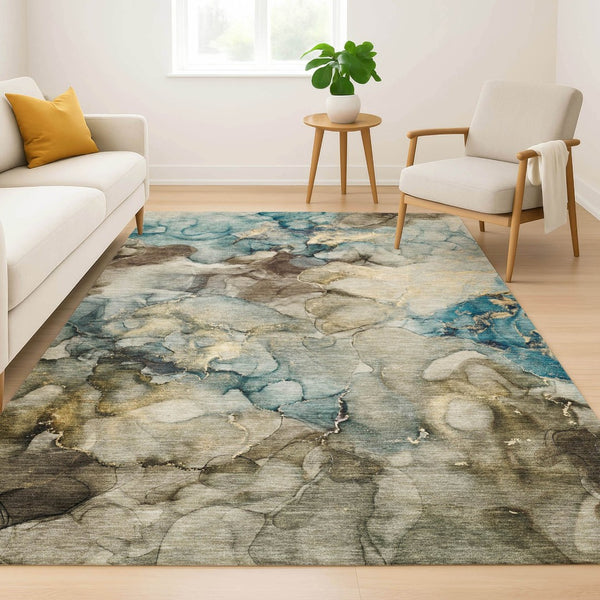 HomeRoots 8' Brown and Teal Abstract Round Rug - Washable, UV Protected, Stain Resistant for Easy Maintenance 714748