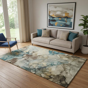HomeRoots 8' Brown and Teal Abstract Round Rug - Washable, UV Protected, Stain Resistant for Easy Maintenance 714748