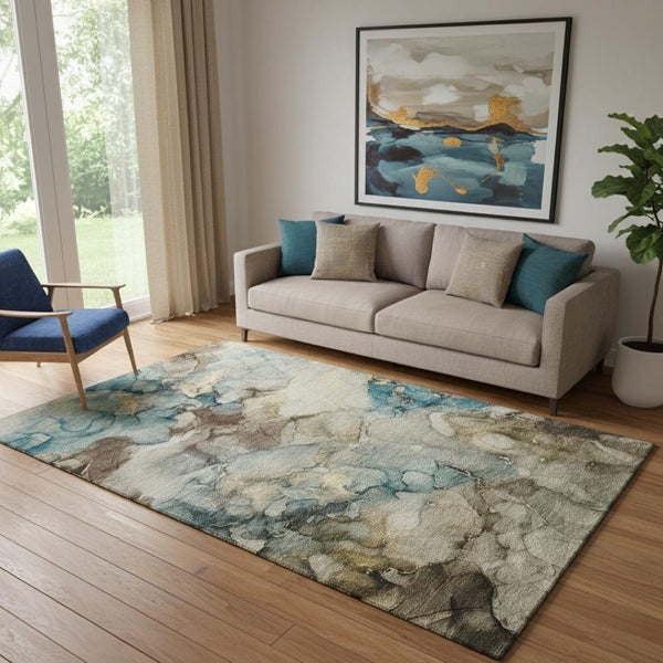 HomeRoots 8' Brown and Teal Abstract Round Rug - Washable, UV Protected, Stain Resistant for Easy Maintenance 714748