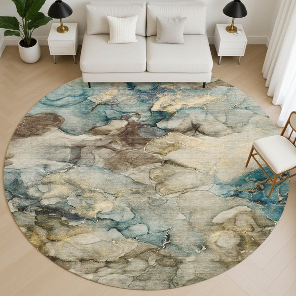HomeRoots 8' X 10' Washable Brown and Teal Abstract Area Rug with UV Protection, Stain Resistance & Non-Slip Backing 714749