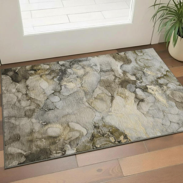 HomeRoots 5' X 8' Contemporary Pewter Gold Abstract Area Rug - Washable, UV-Protected & Stain-Resistant Design 714753