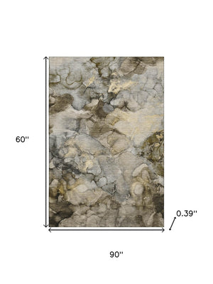 HomeRoots 8' Modern Pewter and Gold Abstract Washable Round Rug with UV Protection for High-Traffic Spaces 714754