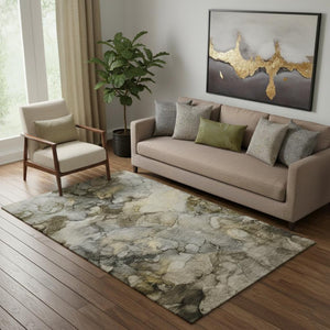 HomeRoots 8' Modern Pewter and Gold Abstract Washable Round Rug with UV Protection for High-Traffic Spaces 714754