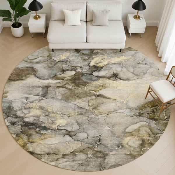 HomeRoots 8' X 10' Abstract Pewter And Gold Area Rug - Washable, UV-Protected, Stain-Resistant & Durable Design 714755