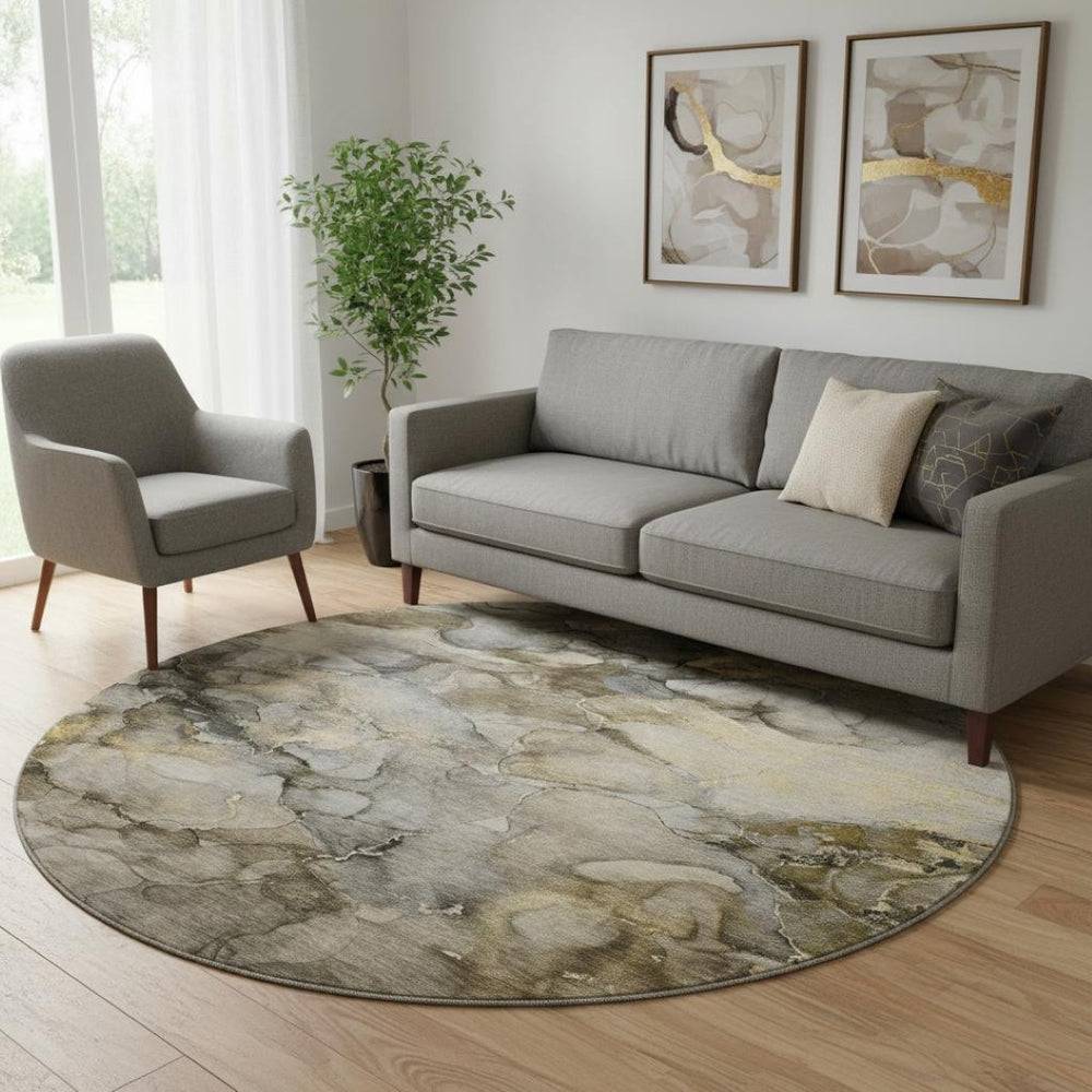 HomeRoots 8' X 10' Abstract Pewter And Gold Area Rug - Washable, UV-Protected, Stain-Resistant & Durable Design 714755