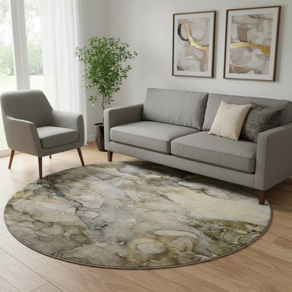 HomeRoots 8' X 10' Abstract Pewter And Gold Area Rug - Washable, UV-Protected, Stain-Resistant & Durable Design 714755