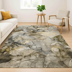 HomeRoots 9' X 12' Stylish Pewter and Gold Abstract Area Rug - Washable, UV Protected, Pet-Friendly Design 714756