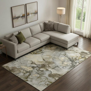 HomeRoots 9' X 12' Stylish Pewter and Gold Abstract Area Rug - Washable, UV Protected, Pet-Friendly Design 714756
