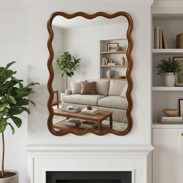 English Elm Black Walnut Solid Wood Wavy Frame Mirror Sculptural Bohemian Accent for Any Room W2203P455232