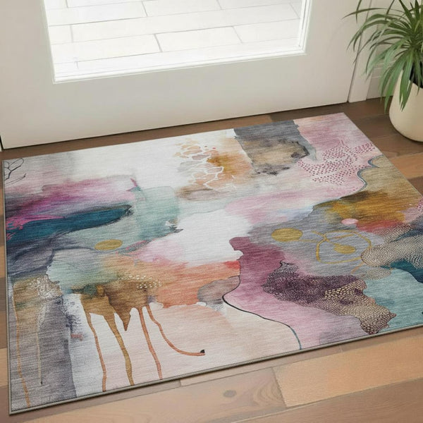 HomeRoots 5' X 8' Blush & Ivory Abstract Washable Area Rug - Durable, UV Resistant, Easy-Care for Busy Homes 714759