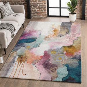 HomeRoots 8' Blush and Ivory Abstract Round Rug - Washable, UV-Protected, Stain-Resistant for Modern Spaces 714760