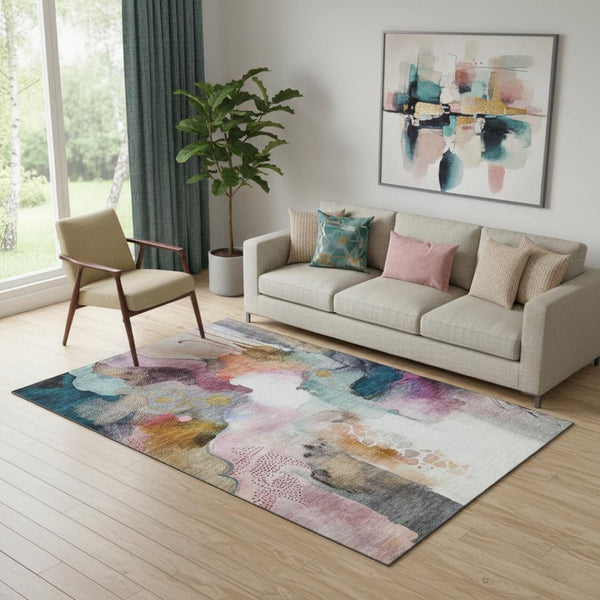 HomeRoots 8' Blush and Ivory Abstract Round Rug - Washable, UV-Protected, Stain-Resistant for Modern Spaces 714760