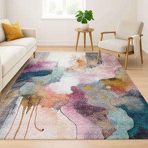 HomeRoots 8' Blush and Ivory Abstract Round Rug - Washable, UV-Protected, Stain-Resistant for Modern Spaces 714760