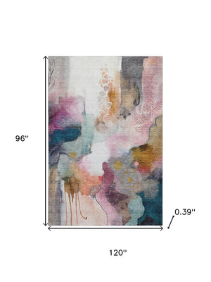HomeRoots 9' X 12' Blush and Ivory Abstract Area Rug - Machine Washable, UV-Protected, Modern Elegance for All Spaces 714762