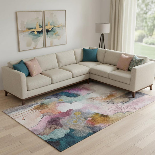 HomeRoots 9' X 12' Blush and Ivory Abstract Area Rug - Machine Washable, UV-Protected, Modern Elegance for All Spaces 714762