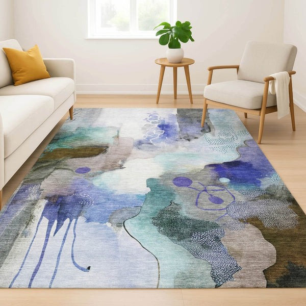 HomeRoots 5' X 8' Brown & Teal Abstract Area Rug - Stylish, Washable & UV-Protected for Busy Homes 714765