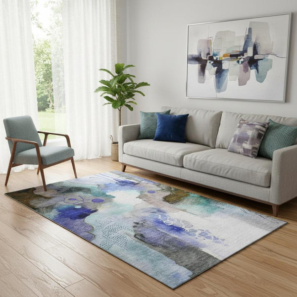 HomeRoots 8' Brown And Teal Abstract Washable Round Rug - Stain Resistant, UV Protected, Non-Slip Backing 714766