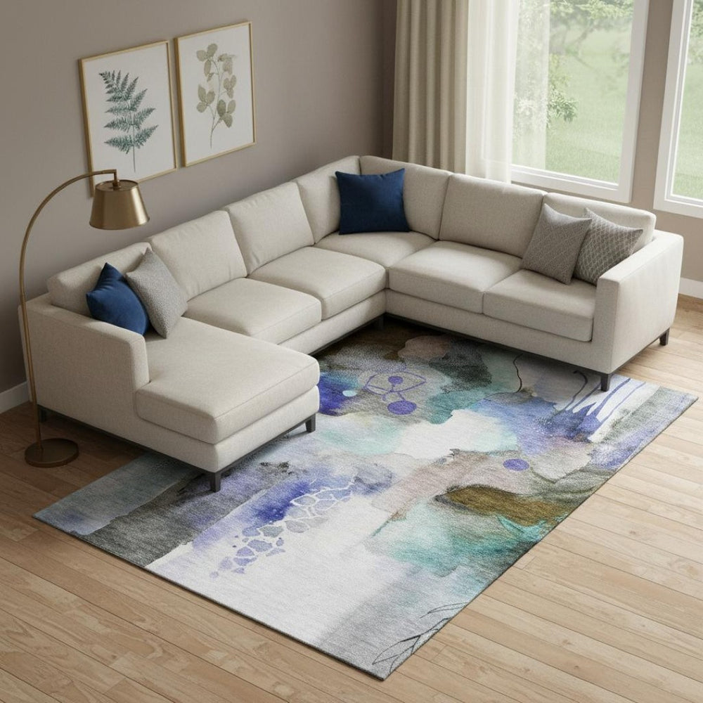 HomeRoots 9' X 12' Brown And Teal Abstract Washable Area Rug - Stylish, Durable, UV-Protected for Busy Homes 714768