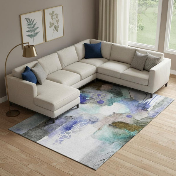 HomeRoots 9' X 12' Brown And Teal Abstract Washable Area Rug - Stylish, Durable, UV-Protected for Busy Homes 714768