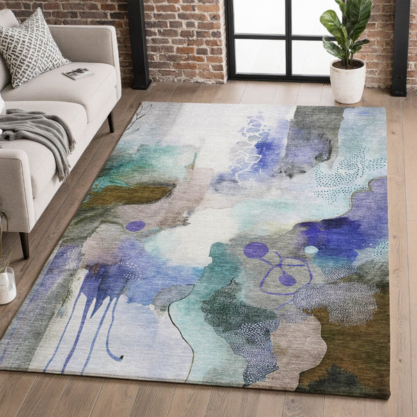 HomeRoots 10' X 14' Brown And Teal Abstract Area Rug - Washable, UV Protected, Durable for Family Spaces! 714769