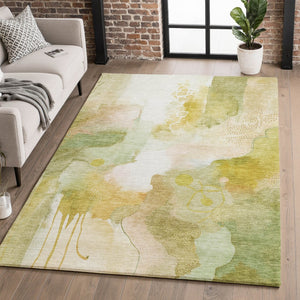 HomeRoots 8' Fern Green and Ivory Abstract Round Rug – Washable, UV-Protected, Durable, Family-Friendly Design 714772