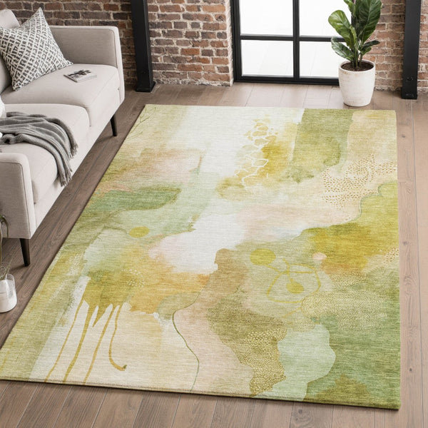 HomeRoots 8' Fern Green and Ivory Abstract Round Rug – Washable, UV-Protected, Durable, Family-Friendly Design 714772
