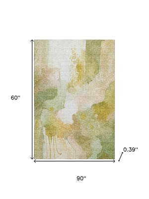 HomeRoots 8' Fern Green and Ivory Abstract Round Rug – Washable, UV-Protected, Durable, Family-Friendly Design 714772