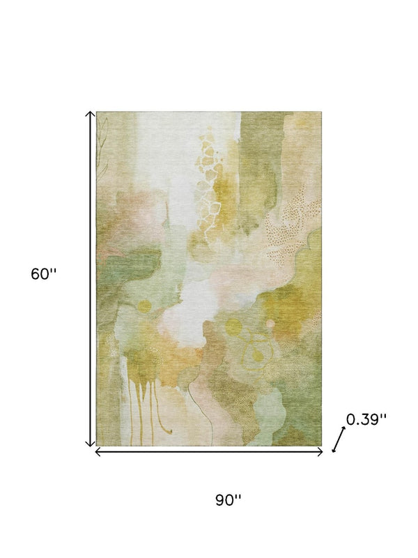 HomeRoots 8' Fern Green and Ivory Abstract Round Rug – Washable, UV-Protected, Durable, Family-Friendly Design 714772