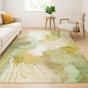 HomeRoots 8' Fern Green and Ivory Abstract Round Rug – Washable, UV-Protected, Durable, Family-Friendly Design 714772