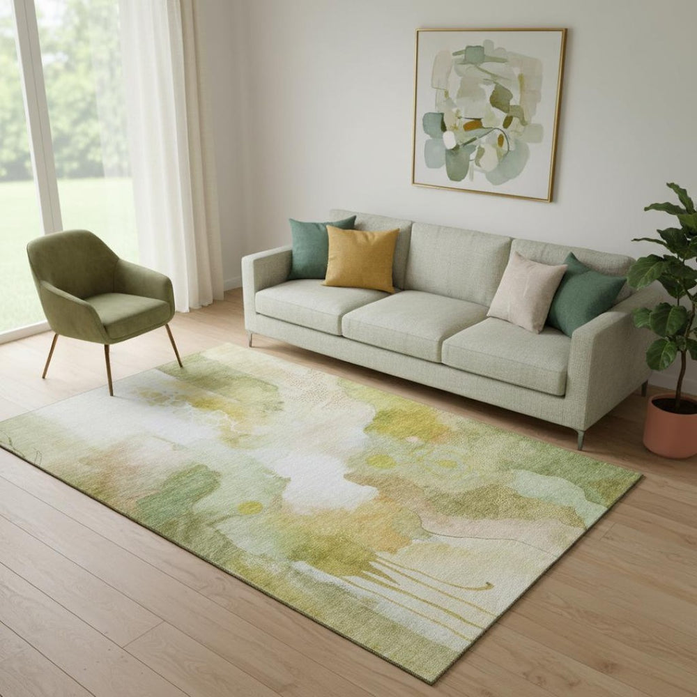 HomeRoots 8' Fern Green and Ivory Abstract Round Rug – Washable, UV-Protected, Durable, Family-Friendly Design 714772