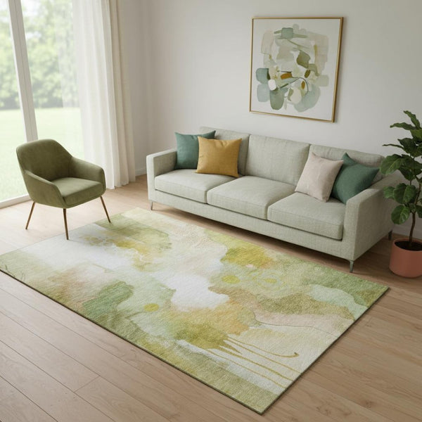 HomeRoots 8' Fern Green and Ivory Abstract Round Rug – Washable, UV-Protected, Durable, Family-Friendly Design 714772