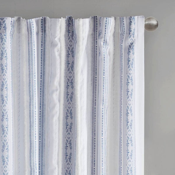 English Elm Poly Printed Curtain Panel With Tufted Stripe & Lining, White/Navy 50X95" For Boho Style Decor B035P268158-GIGA