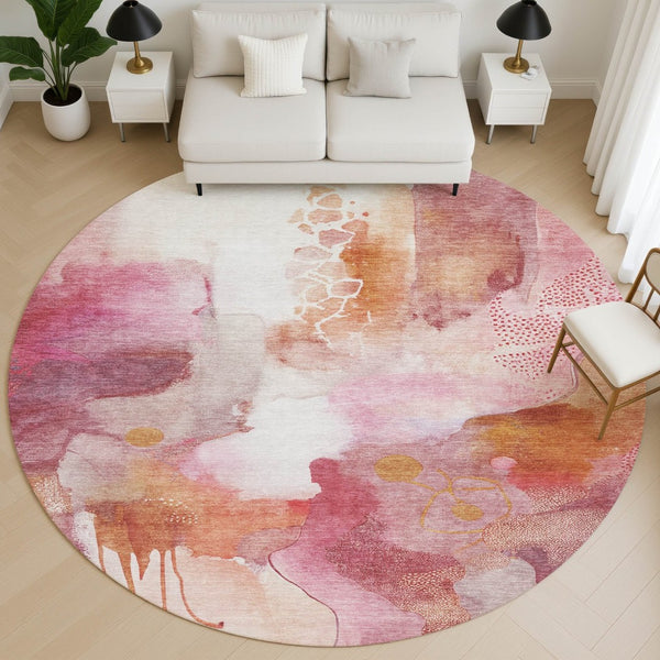 HomeRoots 8' X 10' Abstract Pink and Ivory Washable Area Rug with UV Protection for Homes with Kids & Pets 714791