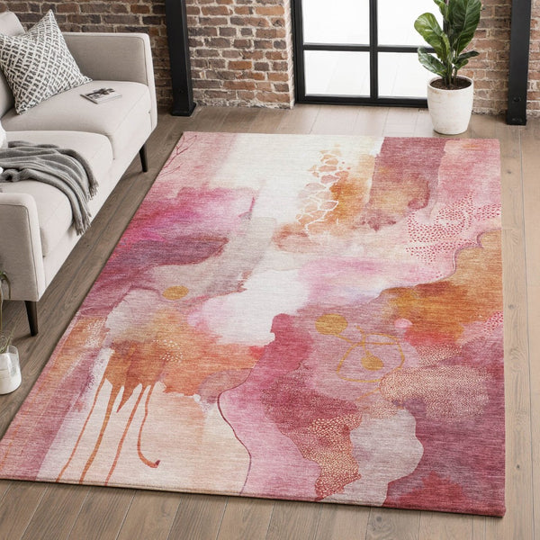 HomeRoots 9' X 12' Pink and Ivory Abstract Washable Area Rug - UV Protected, Soft, Durable, Stain Resistant! 714792