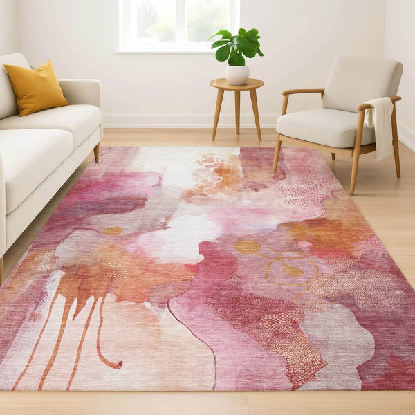 HomeRoots 9' X 12' Pink and Ivory Abstract Washable Area Rug - UV Protected, Soft, Durable, Stain Resistant! 714792