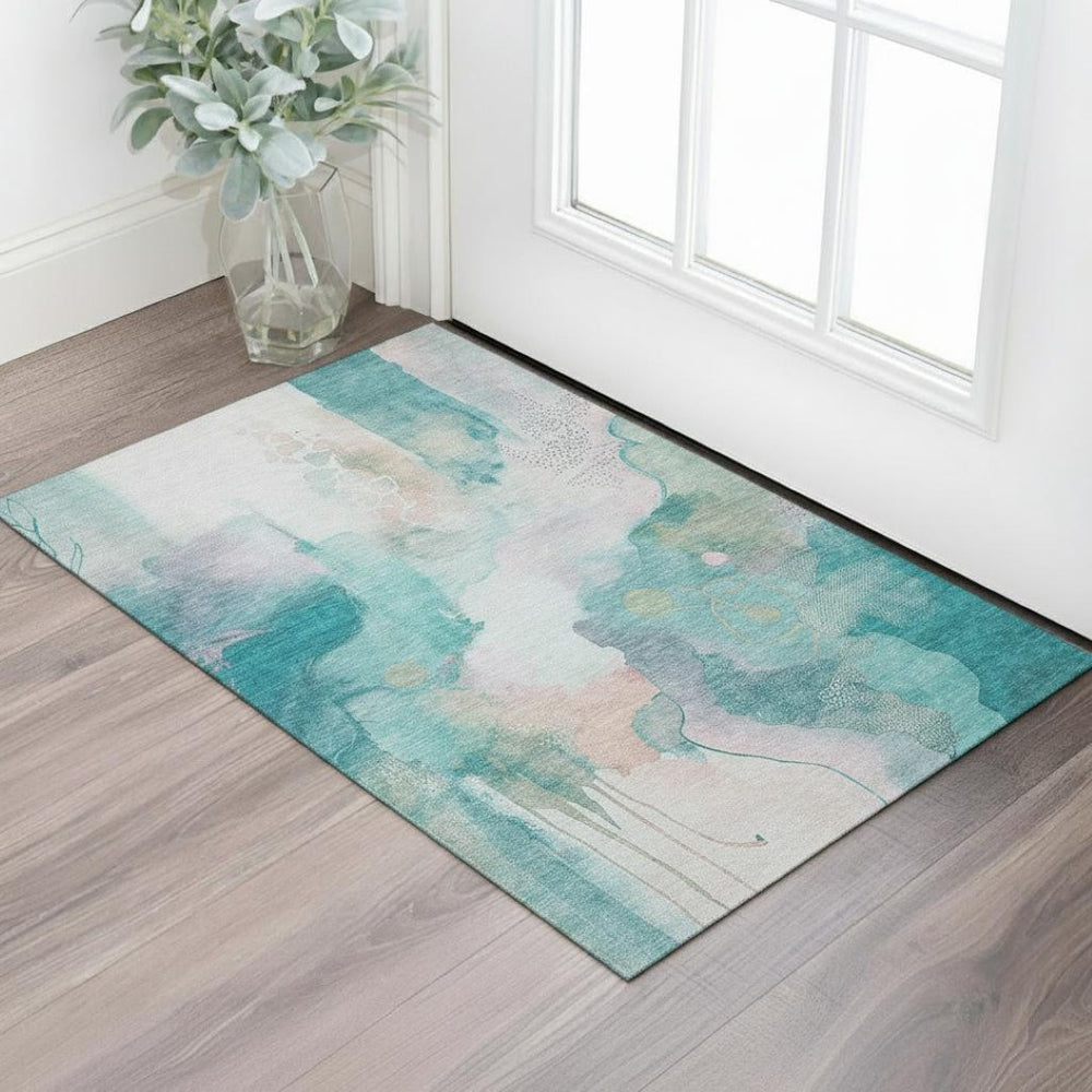 HomeRoots 5' X 8' Turquoise & Ivory Abstract Area Rug - Washable, UV Protected, Perfect for Kids & Pets! 714795