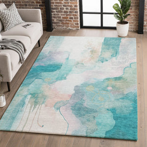 HomeRoots 8' Turquoise and Ivory Abstract Round Rug - Washable, UV Protected, Durable & Stylish for Homes 714796