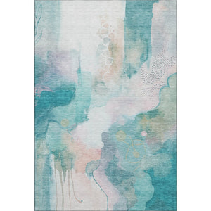 HomeRoots 8' Turquoise and Ivory Abstract Round Rug - Washable, UV Protected, Durable & Stylish for Homes 714796