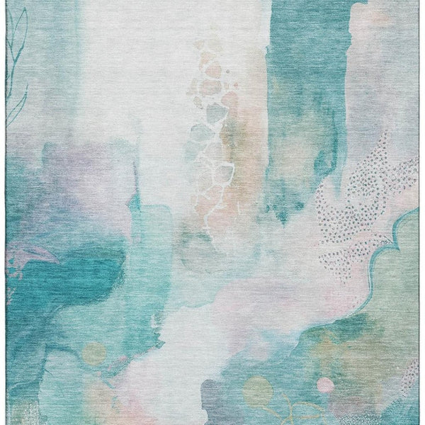 HomeRoots 8' Turquoise and Ivory Abstract Round Rug - Washable, UV Protected, Durable & Stylish for Homes 714796