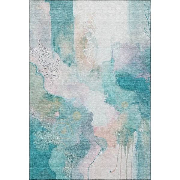 HomeRoots 8' Turquoise and Ivory Abstract Round Rug - Washable, UV Protected, Durable & Stylish for Homes 714796