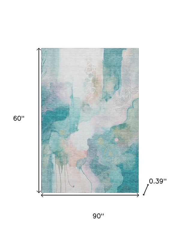 HomeRoots 8' Turquoise and Ivory Abstract Round Rug - Washable, UV Protected, Durable & Stylish for Homes 714796