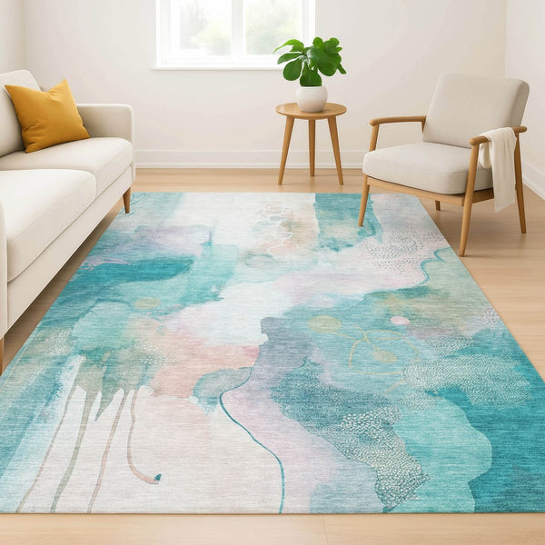 HomeRoots 8' Turquoise and Ivory Abstract Round Rug - Washable, UV Protected, Durable & Stylish for Homes 714796