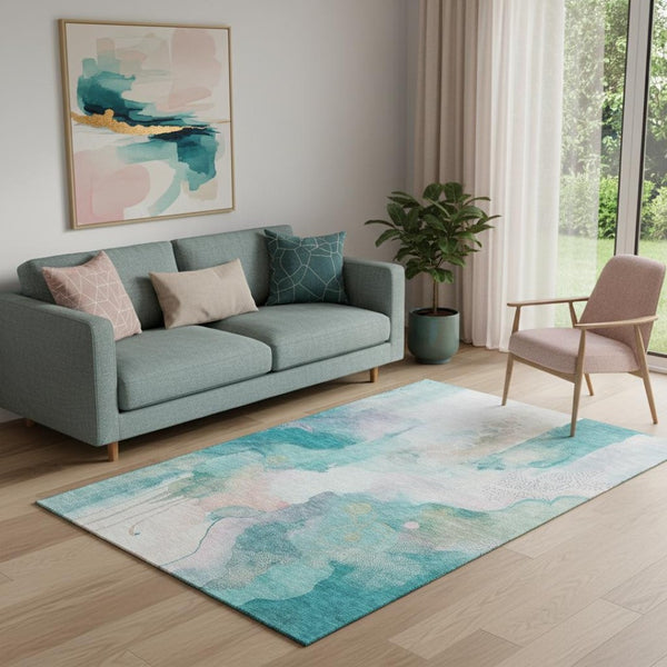 HomeRoots 8' Turquoise and Ivory Abstract Round Rug - Washable, UV Protected, Durable & Stylish for Homes 714796