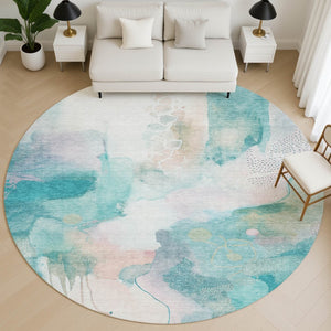 HomeRoots 8' X 10' Stylish Turquoise and Ivory Abstract Washable Area Rug with UV Protection & Non-Slip Backing 714797