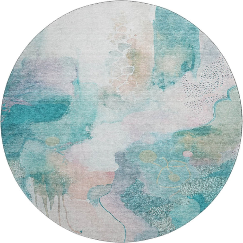 HomeRoots 8' X 10' Stylish Turquoise and Ivory Abstract Washable Area Rug with UV Protection & Non-Slip Backing 714797
