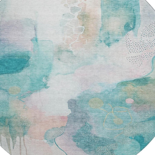 HomeRoots 8' X 10' Stylish Turquoise and Ivory Abstract Washable Area Rug with UV Protection & Non-Slip Backing 714797