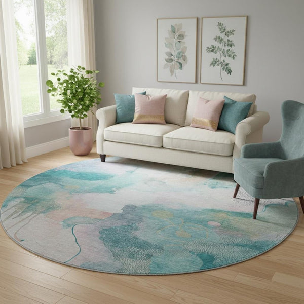 HomeRoots 8' X 10' Stylish Turquoise and Ivory Abstract Washable Area Rug with UV Protection & Non-Slip Backing 714797