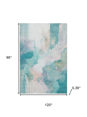 HomeRoots 9' X 12' Turquoise and Ivory Abstract Area Rug - Washable, UV Protected & Durable for High-Traffic Rooms 714798